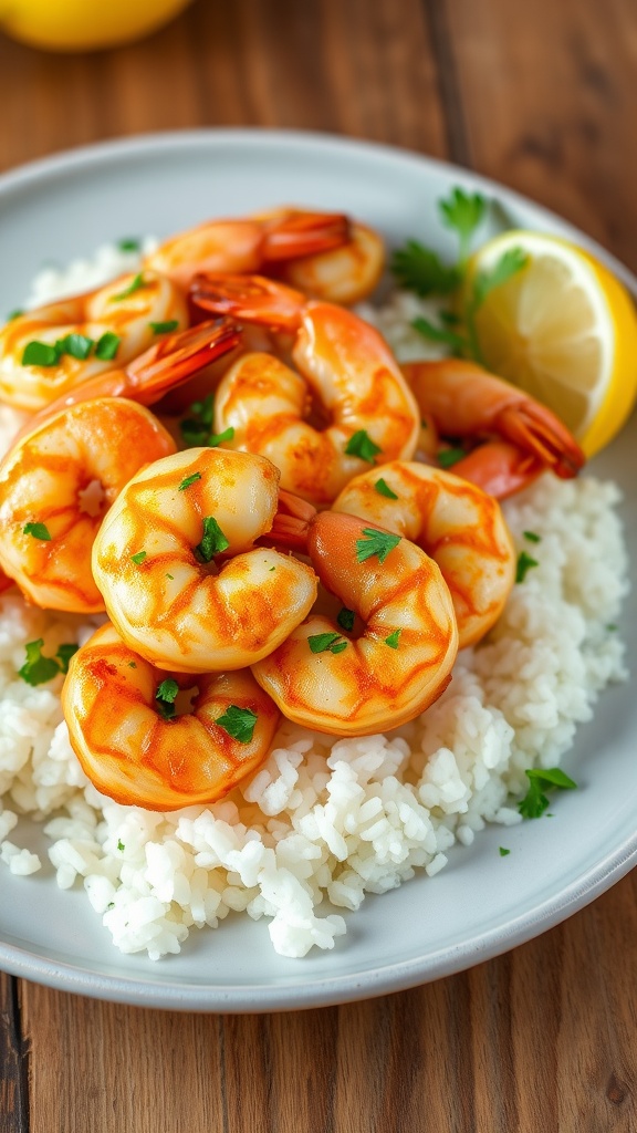 A plate of golden crispy garlic butter shrimp with parsley and lemon, served on rice.